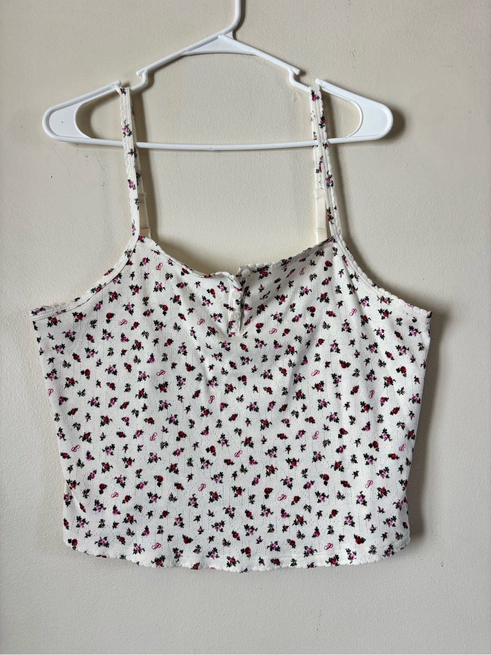 PINK Victoria's Secret Ivory Floral Cropped Cami with Pink Roses